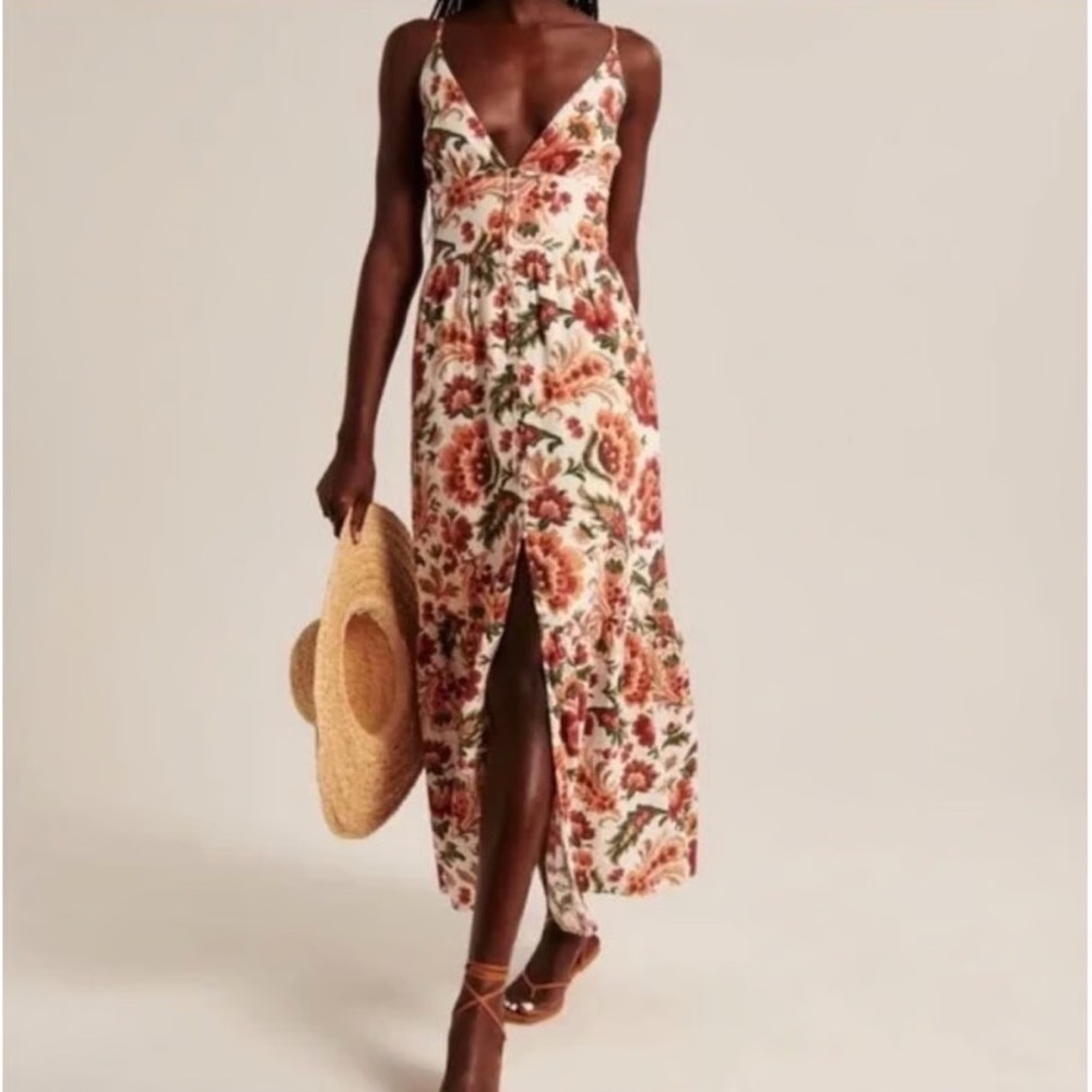 Floral V-Neck Maxi Dress in Cream and Rust